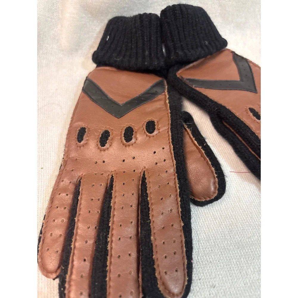 Vintage Aris Knit Gloves Brown Leather Accent V Chevron‎ Perforated Ladies